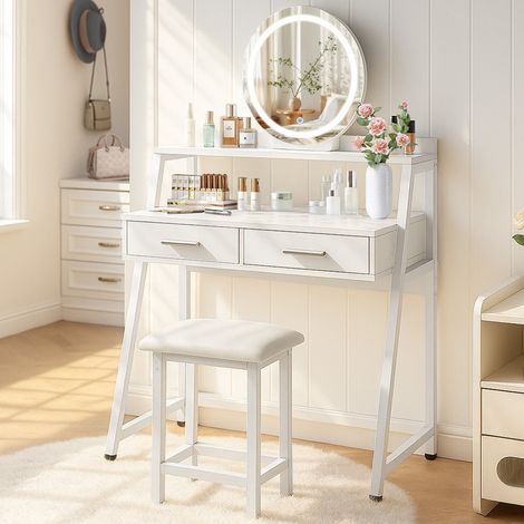 Dressing Table with Round Mirror and Stool, Vanity Makeup Desk Set with Adjustable LED Lights, 2 Large Drawers & Metal Legs Frame, 2 Tier Wooden Tabletop, Modern Bedroom Furniture (1/5)