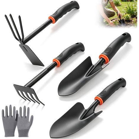Outils Jardinage 3 pièces avec Poignée Antidérapante, Kit Petite Pelle Jardin pour Ameublir Le Sol, Désherber, Repiquer (Pelle,Transplantateur, houe Double, Râteau Cinq Dents) (1/5)