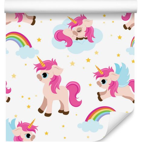 Papel pintado de unicornios frente a estrellas y arcoíris para salón y dormitorio, 50x1000 cm. (1/5)
