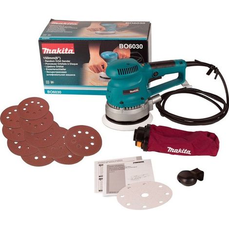 Makita BO6030 240v Corded Random Orbital Sander 150mm 6"" + Dust Bag + 11 Sheets (1/4)