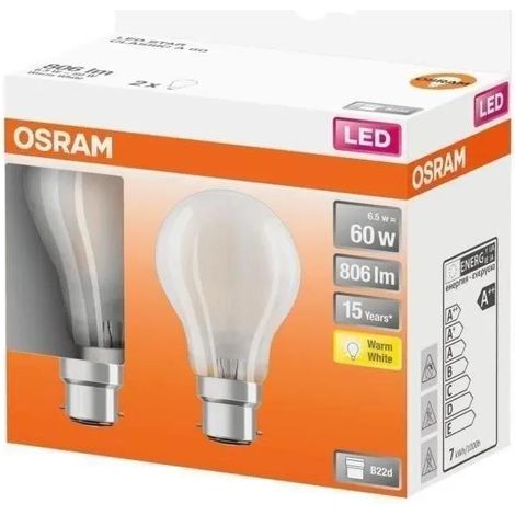 Osram Pack 2 LED-Lampen B22d 6,5W 2700K Transparent