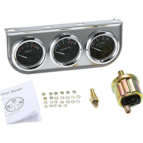 52-mm-Öldruck-, Wassertemperatur- und Voltmeter-Anzeige, 3-in-1-Instrumentensatz, verchromt, für Auto und Motorrad, schwarzes Zifferblatt