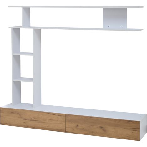Meuble TV 180x35x22,5 cm avec vitrines en panneau de particules, blanc et couleur bois, support et étagères murales (1/5)