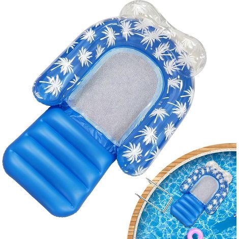 Blue Palm Tree Water Lounge avec repose-pieds et oreiller – Flotteur gonflable de luxe avec filet et imprimé tropical, pour piscine et jardin