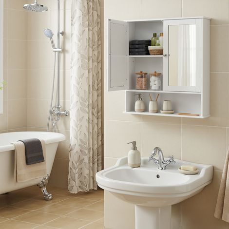 Armoire de Salle de Bain avec Miroir, Armoire Murale à 2 Portes Miroir, Étagère Réglable, Compartiment Ouvert, Blanc (1/5)