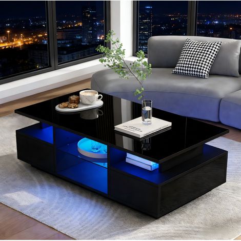 Mesa centro con cajones LED brillo negro OKMYHOME (1/5)