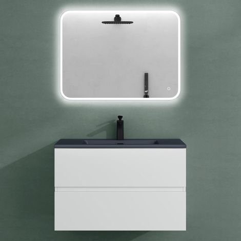 Mai & Mai Badmöbel-Set Waschtisch mit Unterschrank Mineralguss Waschbecken in Anthrazit Waschbeckenunterschrank 80x48x50cm Eiche Greige 2-Schubladen Soft-Close inkl. LED-Spiegel Aqualis