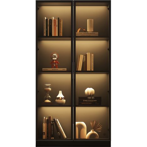 Vitrine haute vitrée LED APP à 2 portes, 4 niveaux réglables, meuble de rangement noir 80 x 40 x 160 cm pour salon, chambre ou entrée CHICFURN (1/5)