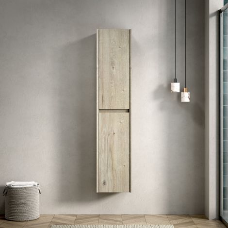 Mueble de baño con doble puerta y estantes interiores fabricado en roble color crema 30x24x140 cm (1/5)