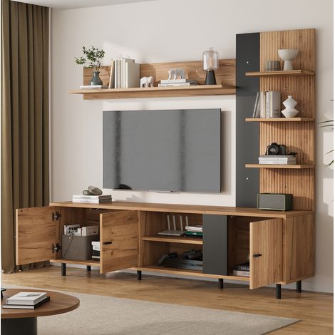 Mueble TV mural 187,5x40x167 cm de paneles de madera negro y madera, ahorro de espacio – MEUBLIV (1/5)