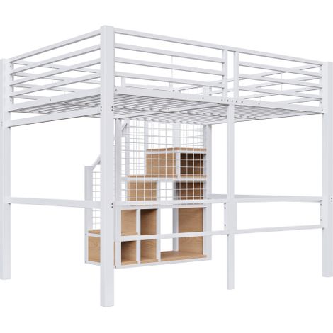 Hochbett mit Sicherheitsleiter, Kinderbett mit Eisenrahmen und Ablagefläche, Jugendbett