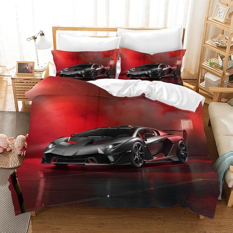 Housse de Couette Voiture de Course 135×200 cm Parure de Lit Voiture de Course pour Garçons 1 x Housse de Couette en Microfibre + 2 x taie d'oreiller 50 x 75cm (SC1) (1/5)