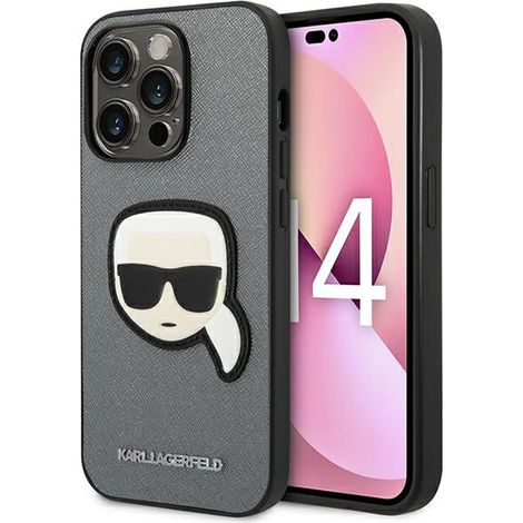 Custodia per iPhone 14 Pro Max con patch Karl Lagerfeld Saffiano Karl Head (Argento)