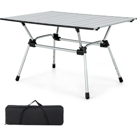 COSTWAY Mesa Plegable Camping, Mesa Camping de Aluminio, Altura Ajustable 4 Niveles, Bolsa de Transporte, Mesa Plegable Playa Picnics 90 x 60,5 x 42,5-52 cm, Carga 50kg (Plata) (1/5)