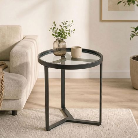 DESMIU Table basse Ronde avec 1 niche ouverte, structure géométrique, pour salon et chambre, noir, Ø 45 cm (1/4)