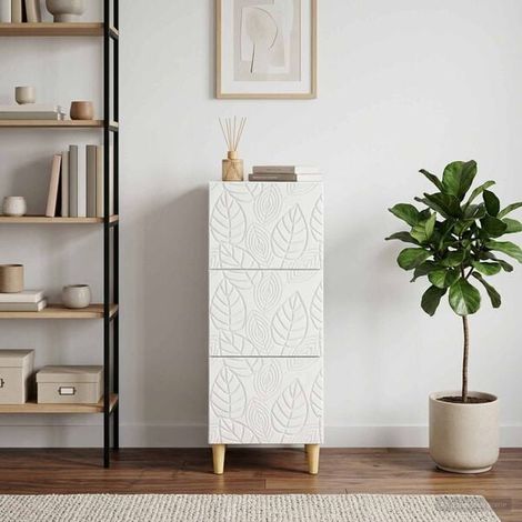 Commode 3 Tiroirs Blanche Brillante, Meuble de Rangement Moderne 33 x 34,5 x 90 cm, Petite Armoire de Chevet Compacte pour Chambre, Salon ou Entrée (1/5)