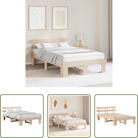 vidaXL Bettgestell 140 x 190 cm - Bettrahmen mit Kopfteil Natur 140 x 190 cm Massives Kiefernholz (1/5)