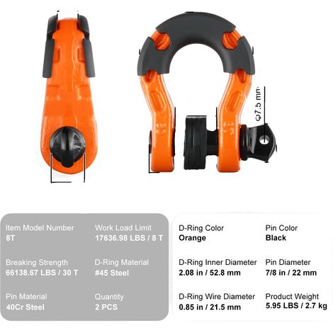 Grillete en D, acero de alta resistencia, compatibilidad con vehículos versátiles, color naranja. (1/2)