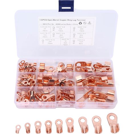 Assortiment de 120 connecteurs à sertir à barillet ouvert, cosses annulaires, universel pour voiture (1/5)