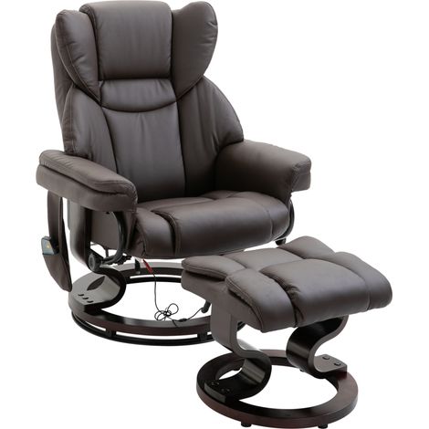 Fauteuil relax massant en cuir synthétique marron avec repose-pieds et fonction inclinable jusqu'à 145° (1/5)
