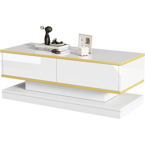 Table basse haute brillance, table de canapé dotée de deux grands tiroirs, table de salon au design unique, table basse blanc chaud avec bordure dorée, table d'appoint resserrée au centre et évasée en