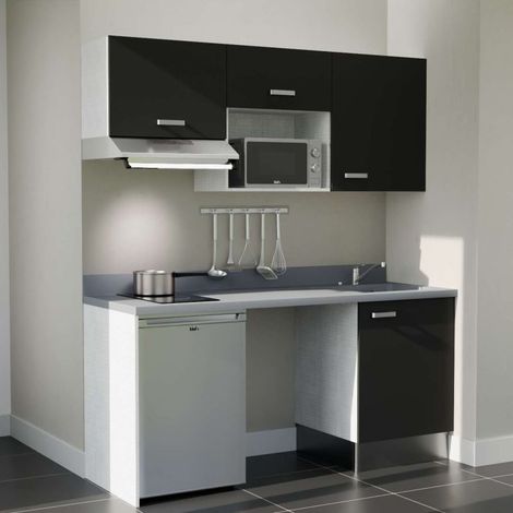 Kitchenette K55L - 180 cm - plan monobloc évier intégré Cromo- évier à droite - Façades Noir + Electroménager inclus coloris Inox (1/5)