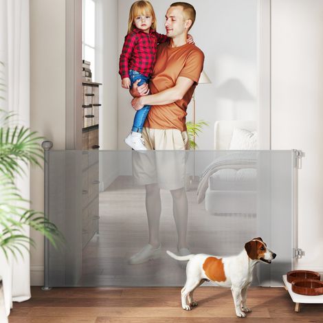 Barrière rétractable 0-140 cm gris pour chiens de sécurité avec interrupteur de verrouillage pour portes et escaliers