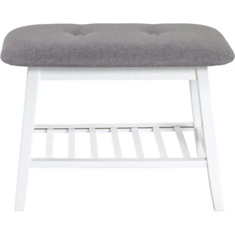 Banc en bambou laqué blanc et tissu coloris gris - Longueur 60 x Hauteur 44 x Profondeur 30 cm -PEGANE- (1/4)