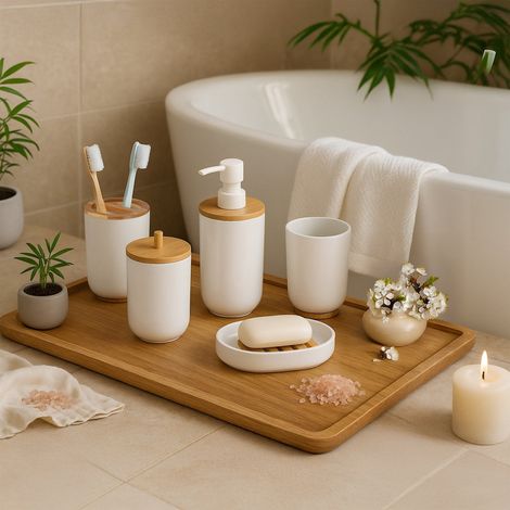 7-Piece Plastic & Bamboo Bathroom Accessories Set (1/5)