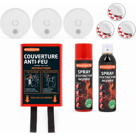 Lot Sécurité Incendie – 3 Détecteurs de fumée interconnectables Autonomie 10 ans et garantie 3 ans + 3 Fixations Magnétique + Couverture Anti-Feu + Boule extinctrice  + 2 Sprays Extincteur (1/5)