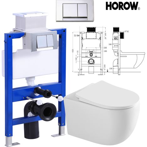 HOROW Spülrandlos Hänge WC Wand Toilette Komplettset -mit Softclose WC-Sitz + 82 cm schallgedämmt Vorwandelement mit Drückerplatte (1/5)