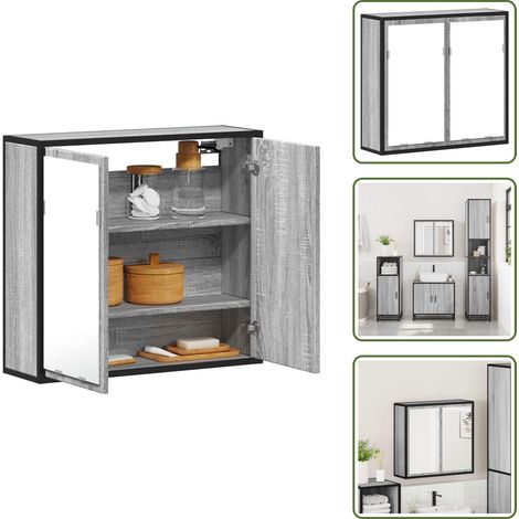 The Living Store Mobile Specchio da Bagno Grigio Sonoma 65x20x60 cm Multistrato - Armadietto a specchio