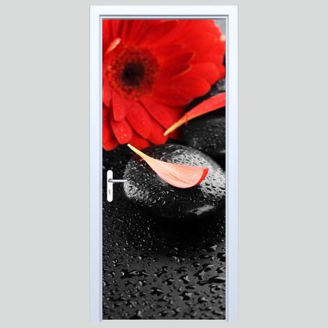 Adesivo per porta in tessuto Zen con fiore di pietra nera 591PD