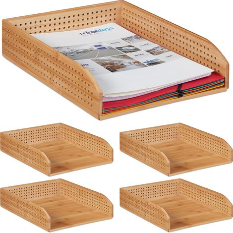 5x Vaschetta Portadocumenti in Bambù Perforato, Impilabile, Formato A4, Scrivania, Ufficio, HLP 7x25x33 cm, Legno