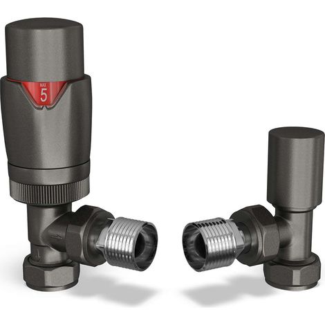 Stirling Bold - Pewter Thermostatic Radiator Valve & Lockshield Angled 10mm