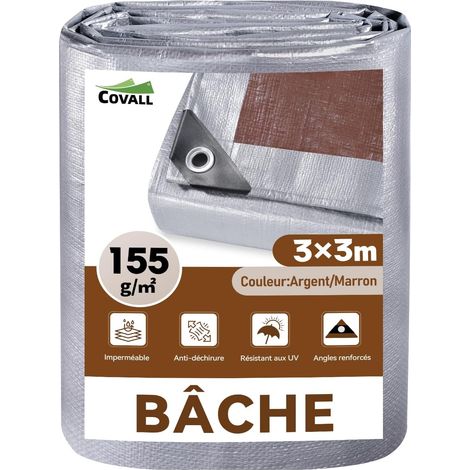 Bâche 3x3m 155g/m² Imperméable en Polyéthylène, Anti-UV Polyéthylène haute densité, œillets soudés renforcés, anti-UV, résistante aux intempéries, jardin, camping (Argent/Marron) (1/5)