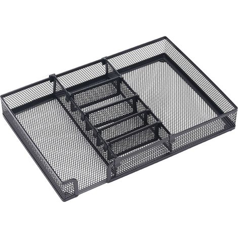 Organiseur de tiroir de bureau avec compartiments réglables, en maille métallique, boîte de rangement multifonctionnelle, noir, 32 x 22 x 4,5 cm