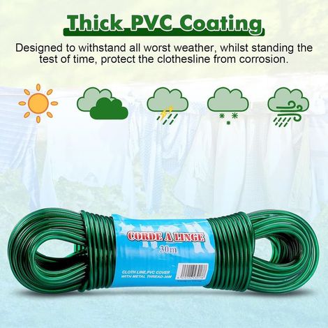 20m Corde a Linge, Fil à Linge Acier Plastifié avec Noyau d'acier, Corde a Linge Exterieur, Corde Solide 4mm Dia Corde à Linge, Fil a Linge Exterieure Résistantes, Capacité portante 120kg (1/2)