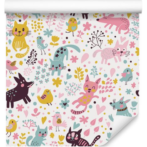 Carta da parati con gattini, cani e uccelli colorati per soggiorno e camera da letto, 50x1000 cm. (1/5)