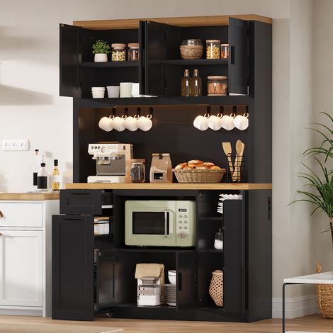 Buffet Haut de Cuisine 140x40x173 cm avec LED RGB via Appli, Prises et USB, Porte-Verres, Range-Bouteilles et Portes en Acrylique, MDF - Naturel (1/5)