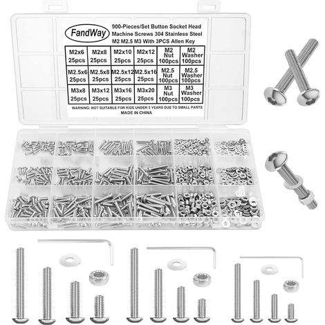 900 Pièces Vis à Six Pans Creux,M2 M2.5 M3 Jeu de Boulon et écrous Rondelles,Vis à Métaux Tête Bombée Hexagonale,Boulon a Tête Cylindrique en Acier Inoxydable 304,Avec 3 Clés Hexagonales.