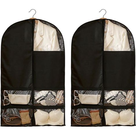 Kleidersäcke zum Aufhängen, 2 Stück, 60 x 100 cm, staubdicht, feuchtigkeitsbeständig, für Damen und Herren, mit Reißverschluss und Aufbewahrungstaschen, geeignet für Kleider und Mäntel (Schwarz)