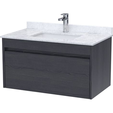 Swainsley Contemporary Wall Hung 1 Drawer Vanity Unit with Marble Top with Basin, 800mm, Graphite Grey Woodgrain