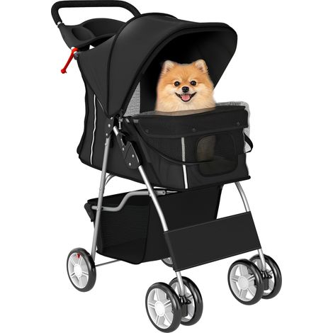 Poussette pliable pour chiens avec bande-réflecteur Coussin de rangement pour petits chiens jusqu’à 10 kg 77 x 44 x 102 cm Noir