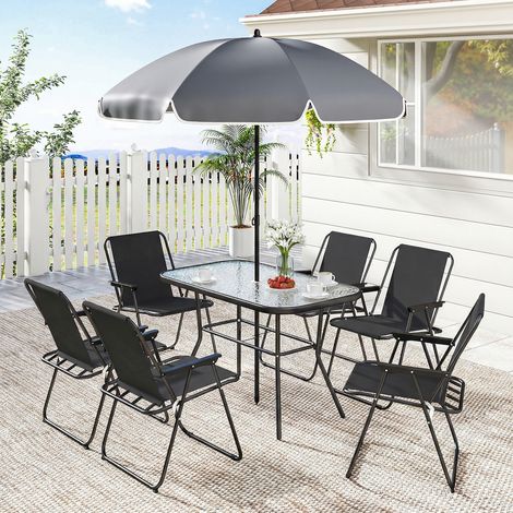 Set da Giardino 8 pz con Ombrellone, 6 Sedie Pieghevoli e Tavolo da Esterno in Vetro Temperato, Nero