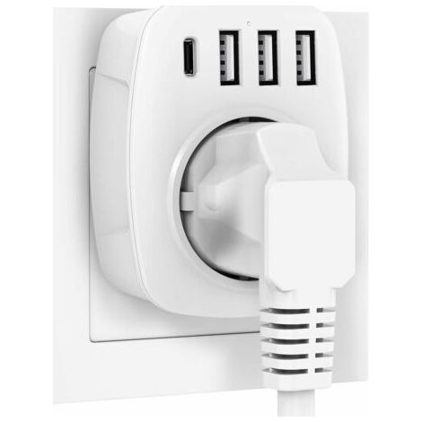 Adaptateur de voyage 5 en 1 avec 3 ports USB (2,4 A) et 1 port type C (3 A) – Recharge rapide pour appareils électroniques – Compatible prises allemandes (1/5)