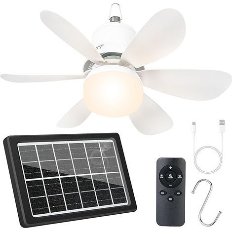 Ventilateur Solaire Plafonnier Portable - 18.5 Pouces - 3 Températures de Couleur - 5 Niveaux de Luminosité - 3 Vitesses - Minuterie 2/4/8 H - Fonction Mémoire - Silencieux 30 dB - Pour Camping et Ext (1/3)