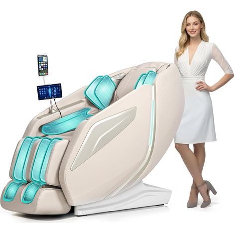 Fauteuil de Massage pour Tout Le Corps - Chaise de Massage Intelligente Zero Gravity - Mains robotiques 4D avec Rail SL - Fauteuil de Relaxation Bluetooth (Beige) (1/5)