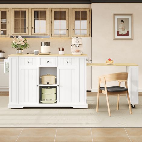 Mobiler Kücheninsel mit ausklappbarem Tisch und Steckdosen, Weiß/Natur OKMYHOME (1/5)