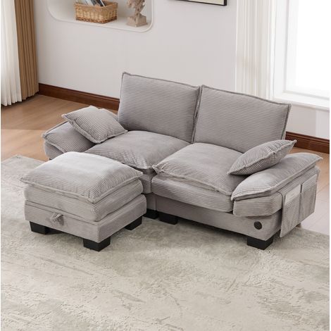 Canapé 2 places 190 cm avec pouf en corduroy gris HAVRYA (1/5)